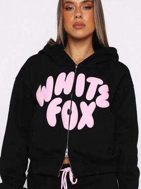 White Fox Black Zip Hoodie with Pink Bubble Logo